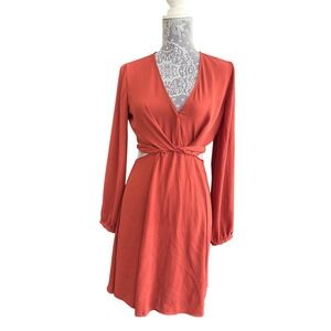 Rust Orange V Neck Waist Cutout Balloon Sleeves‎ Mini Dress Size Small